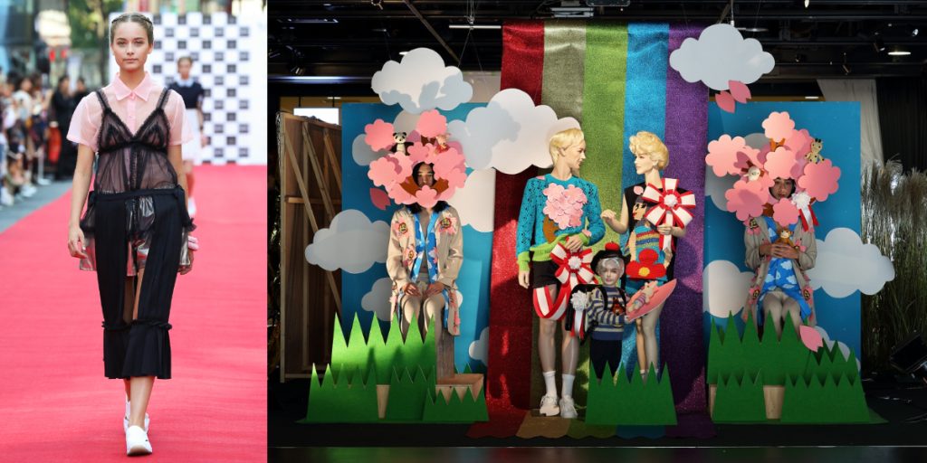 左：渋谷の文化村通りで発表された「アキコアオキ」2015年春夏コレクション　右：「リョウタムラカミ」2015年春夏コレクション インスタレーションの様子