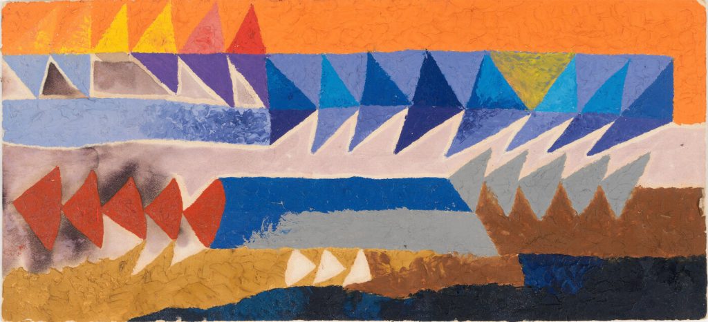 Ruth Asawa, Untitled (BMC.108, Stacked Triangles), c. 1948–49. Oil and watercolor on paper, 5 1/2 × 12 in. (14 × 30.5 cm). The Josef and Anni Albers Foundation, 2007.30.12. Artwork © 2023 Ruth Asawa Lanier, Inc./Artists Rights Society (ARS), New York. Courtesy David Zwirner. Photograph by Tim Nighswander/Imaging4Art